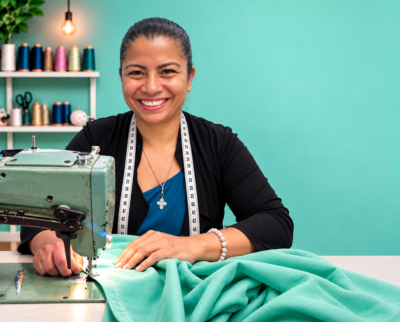 Esperanza smiling at her sewing machine with teal fabric